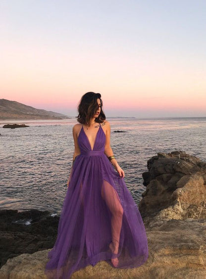 Vestidos de fiesta morados para mujer, vestido de noche sexy con abertura, largo