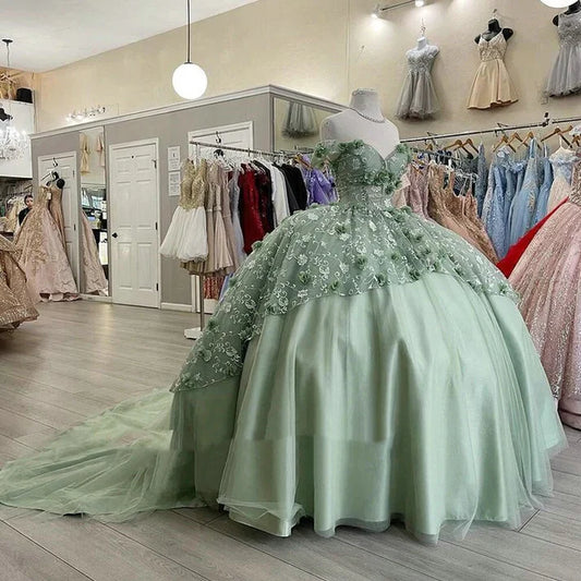 Elegante vestido de quinceañera verde salvia con apliques y hombros descubiertos, corte A, de tul hasta el suelo, para fiesta de graduación, cumpleaños, noche, baile, TP4540