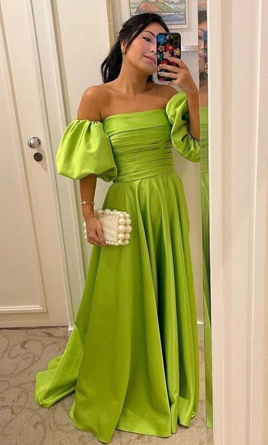 Vestido de fiesta sexy con hombros descubiertos y mangas abullonadas, vestido de noche formal largo de satén verde