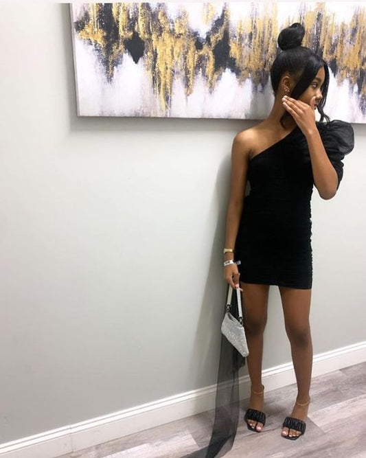 Vestido negro de fiesta de bienvenida, un hombro, corto, para fiesta de graduación