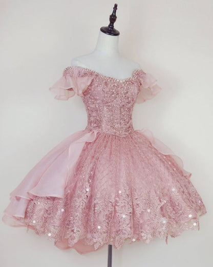 Lace Homecoming Gown with Beading,Princess Off the Shoulder Hoco Dress      fg3675