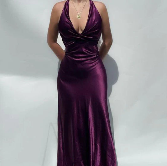 Vestido de fiesta vintage de satén con escote en V, vestido de noche largo, vestido formal sin espalda TP4590
