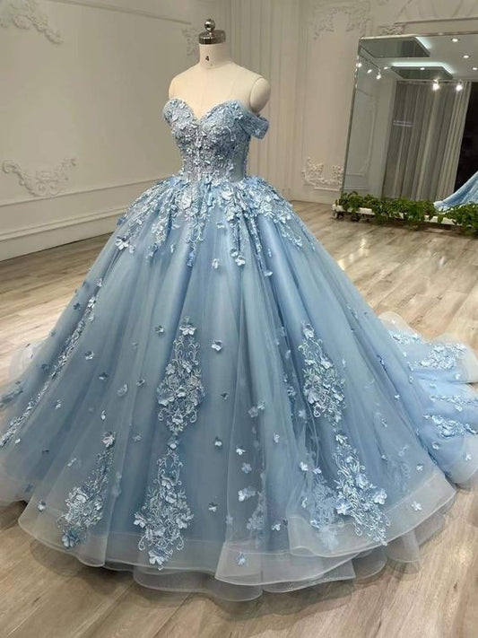 Hermoso vestido de quinceañera azul con apliques de corazón, largo hasta el suelo, para fiesta de graduación, cumpleaños, noche, baile, TP4413