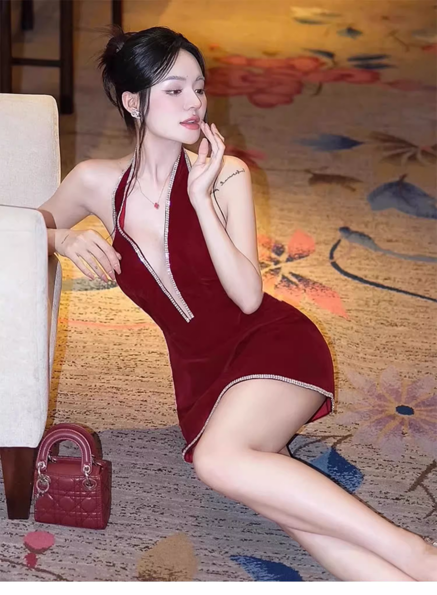 Simple Fashion Burgundy V-neck Halter Dress Design A-line Party Dress Homecoming Dress TP3846