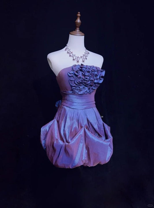 Vintage A Line Strapless Flower Purple Satin Mini Homecoming Dress Cocktail Dress SH3313
