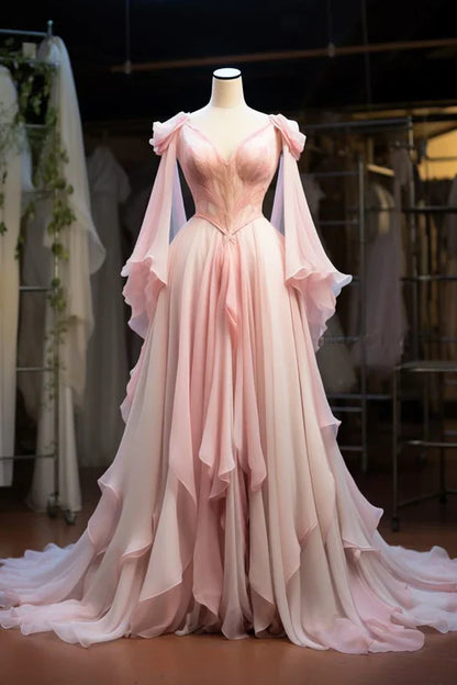 Pink Fashion Elegant A-line Long Tulle Floor-length Evening Dress Ball Gown Wedding Dress gh3694
