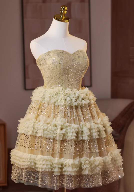 Vintage Sequined Design Elegant Mesh Sleeveless Strapless Tiered Homecoming Dress TP3495