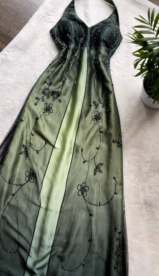 Green Vintage Exquisite Elegant Beaded Suspender Long satin tulle Formal Ball Gown Evening Gown Party Dress Prom Gown gh3836