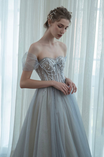 Off the Shoulder Tulle Long Prom Dress, Gray A-Line Evening Dress with Beaded