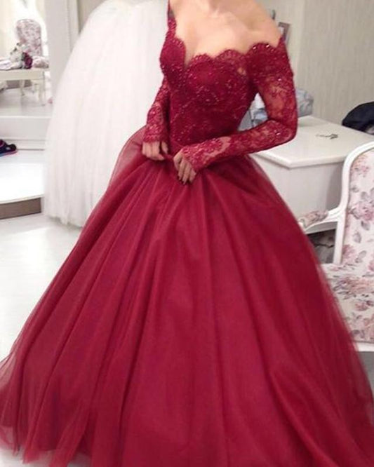 Elegantes vestidos de quinceañera de tul, vestidos de baile con encaje y mangas largas