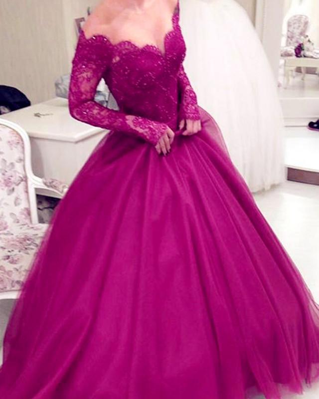Elegantes vestidos de quinceañera de tul, vestidos de baile con encaje y mangas largas