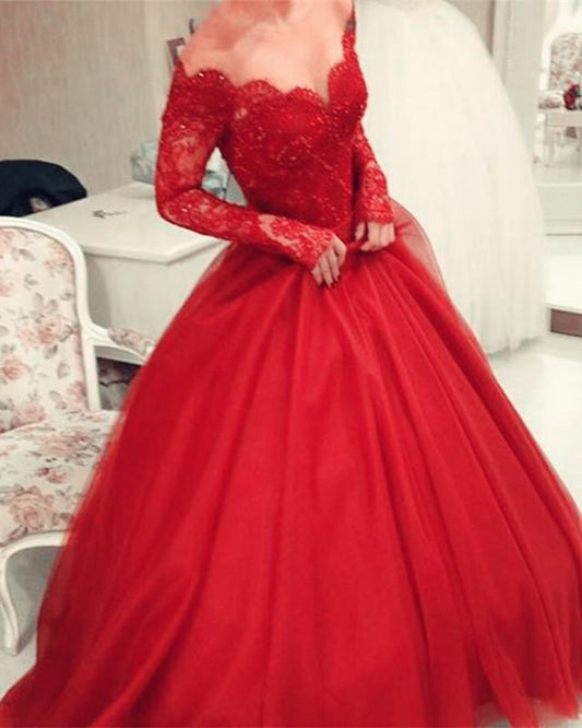 Elegantes vestidos de quinceañera de tul, vestidos de baile con encaje y mangas largas