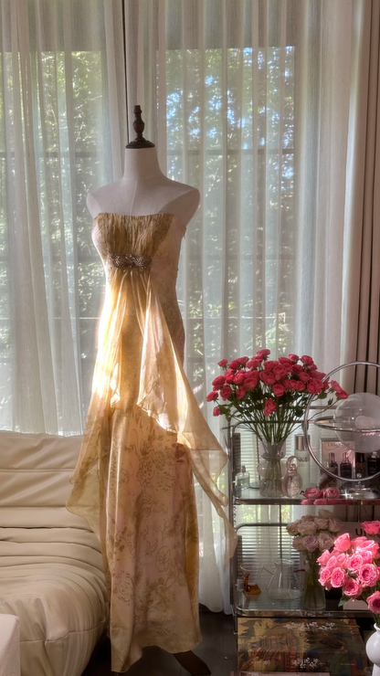 Retro Golden Strapless Floral Elegant Design A-line Beaded Romantic Chiffon Evening Dress Prom Dress TP4004