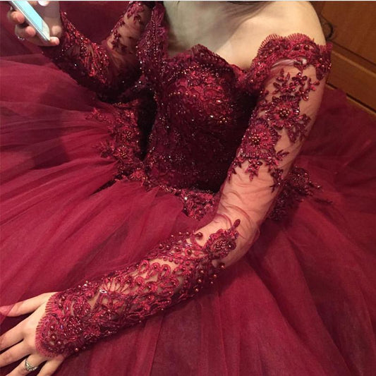 Vestidos de fiesta de tul con mangas largas y apliques de encaje burdeos