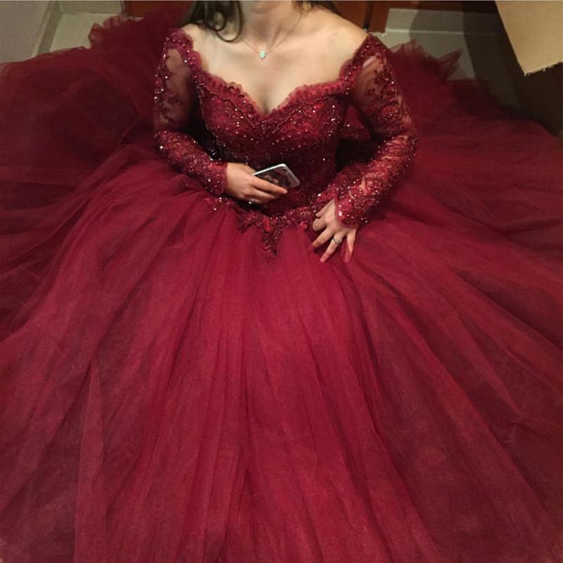 Vestidos de fiesta de tul con mangas largas y apliques de encaje burdeos