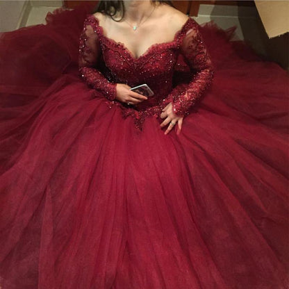 Vestidos de fiesta de tul con mangas largas y apliques de encaje burdeos