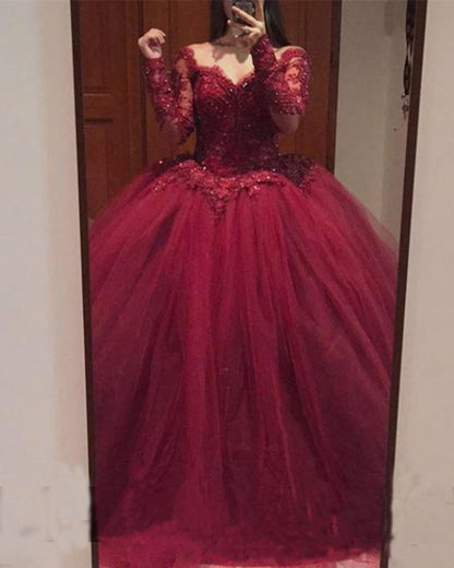 Vestidos de fiesta de tul con mangas largas y apliques de encaje burdeos