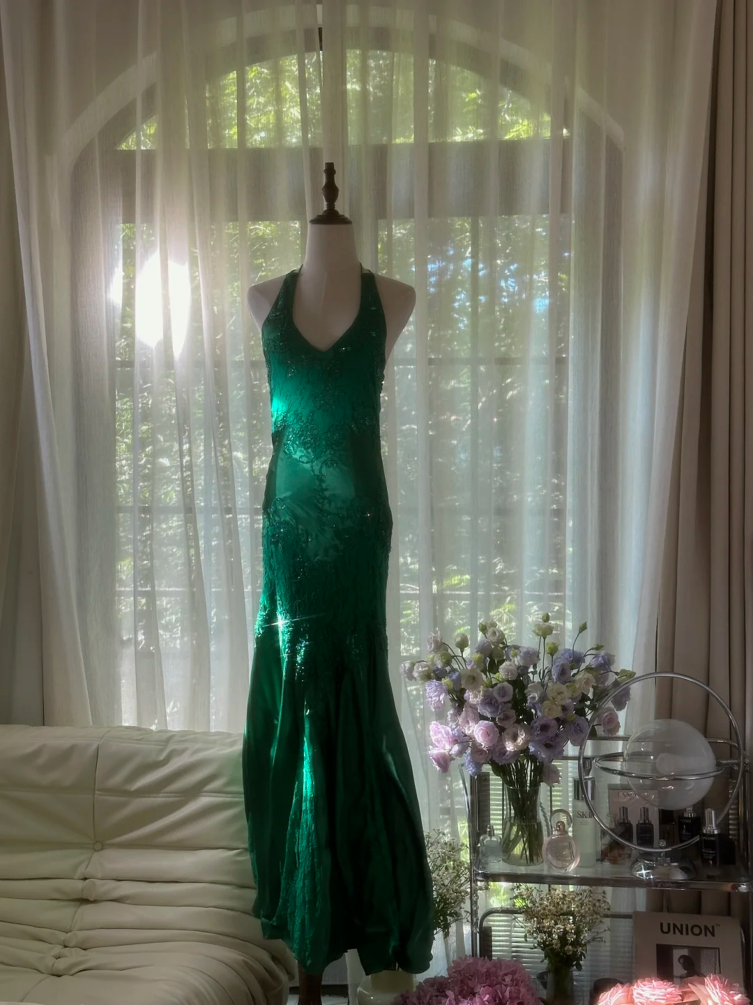 Green Gorgeous Shiny Fashion Elegant Delicate Lace Beading Long Satin Chiffon Fairy Ball Gown Evening Dress Birthday/Wedding Guest/Holiday Party Dress Prom Dress Valentine's Day Date Dress gh4037