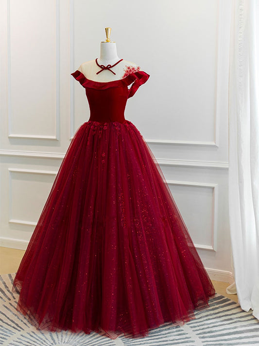 Vestido de fiesta largo de tul burdeos con encaje, vestido de noche de tul burdeos