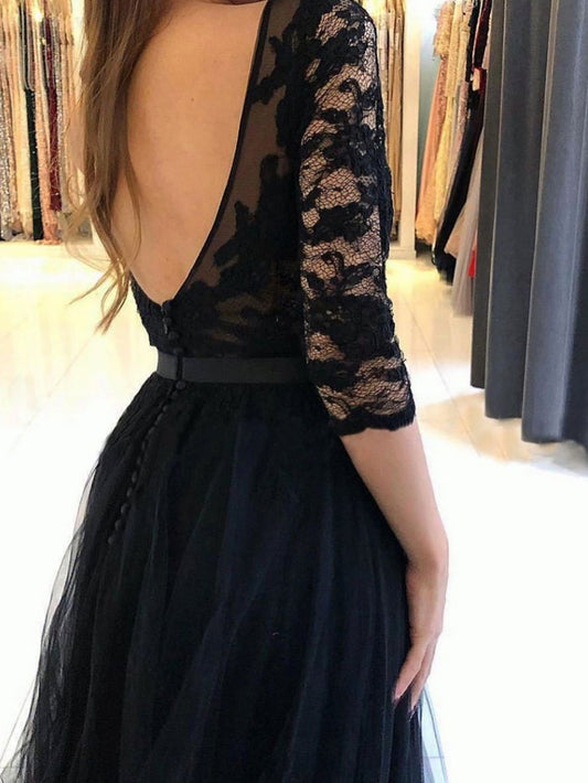 Vestido de fiesta largo de tul con cuello redondo negro y encaje, vestido de noche negro