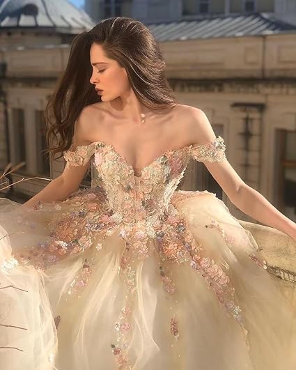 Champagne color gorgeous off shoulder exquisite lace floral applique long elegant ball gown formal evening dress prom dress gh3452