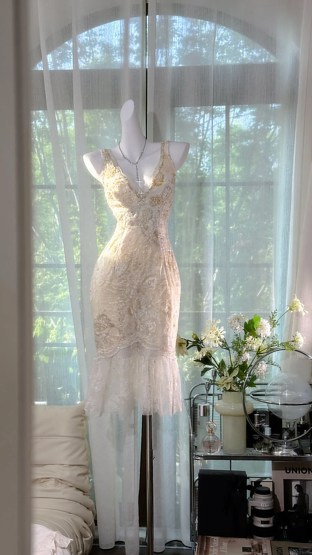 Vestido vintage de encaje color marfil para fiesta de bienvenida, con lentejuelas brillantes y escote en V, vestido de cóctel TP4553