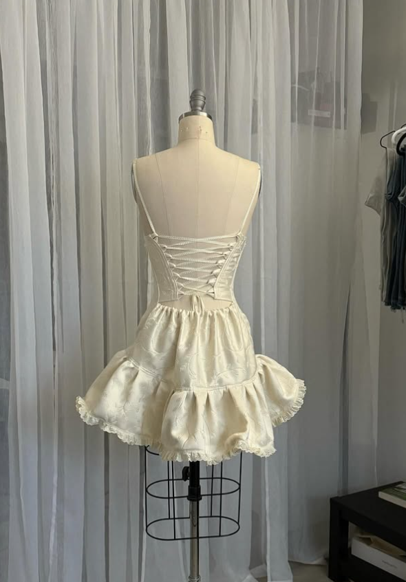 Vintage Beige Spaghetti Strap A-line Satin Lace-up Short Party Dresses Homecoming Dress TP3775