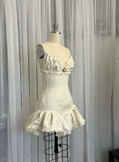 Vintage Beige Spaghetti Strap A-line Satin Lace-up Short Party Dresses Homecoming Dress TP3775