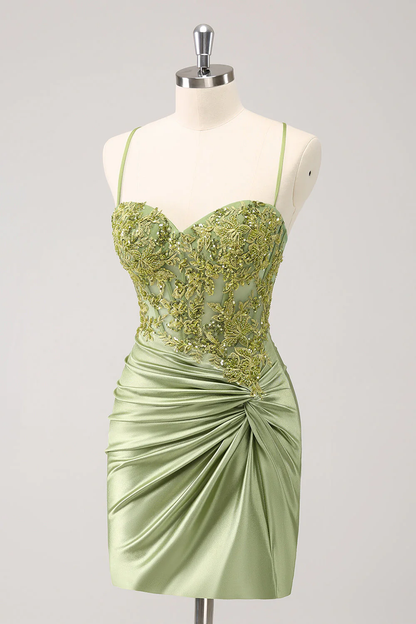 Vintage Green Embroidery Design A-line Sleeveless Spaghetti Strap Homecoming Dress TP3452
