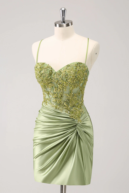 Vintage Green Embroidery Design A-line Sleeveless Spaghetti Strap Homecoming Dress TP3452