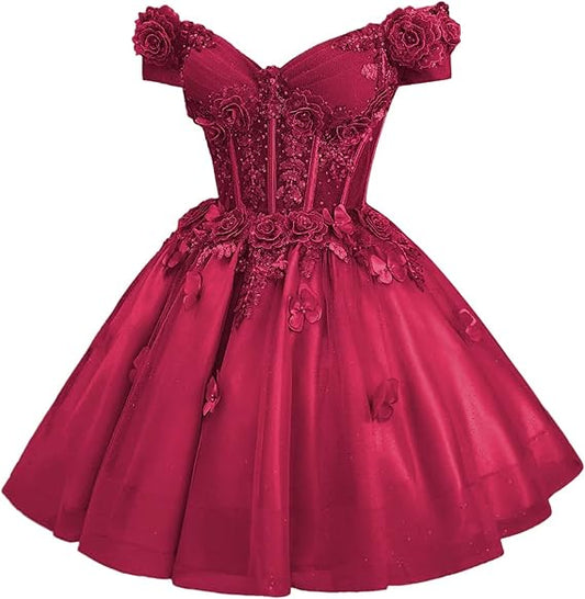 Vestido de fiesta modesto con hombros descubiertos, tul rosa ruborizado, vestidos formales de bienvenida, baile de graduación de octavo grado, vestidos cortos Hoco DH2596