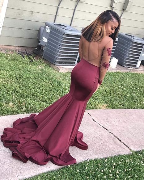 Vintage Burgundy Applique Mermaid Evening Gown Long-sleeved Backless Mermaid Prom Dresses TP51