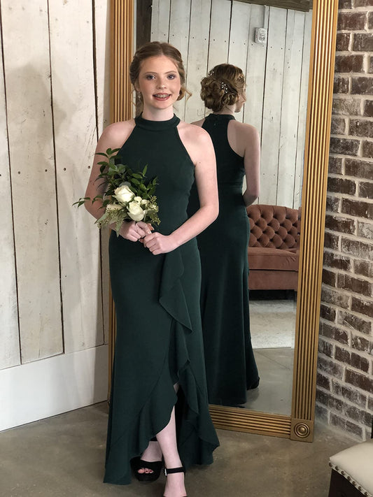 Dark Green Halter A-Line Satin Prom Dresses, Ruffles Bridesmaid Dress GP608