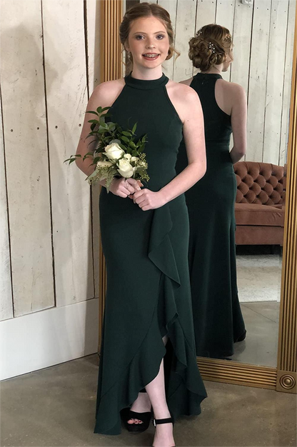 Dark Green Halter A-Line Satin Prom Dresses, Ruffles Bridesmaid Dress GP608