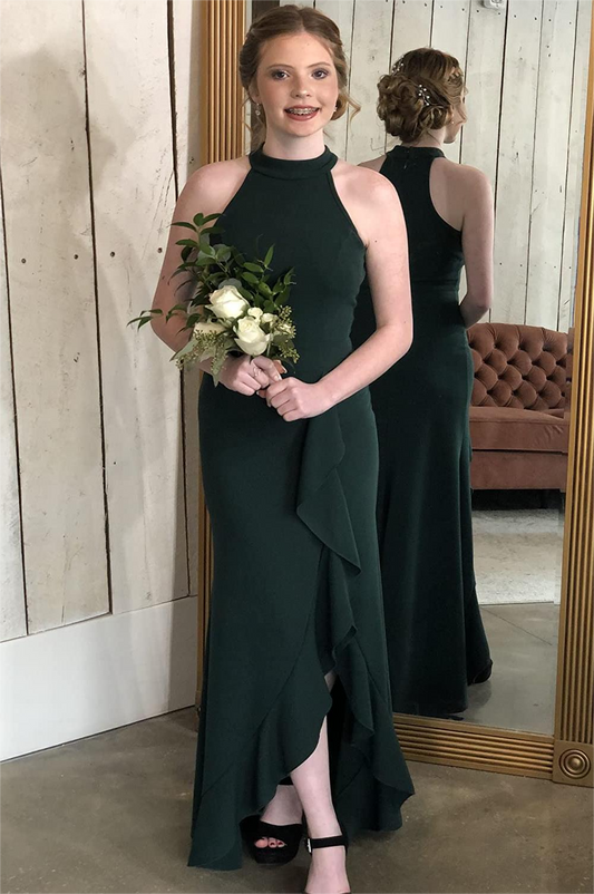 Dark Green Halter A-Line Satin Prom Dresses, Ruffles Bridesmaid Dress GP608