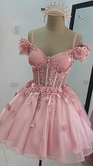 Vestido de fiesta modesto con hombros descubiertos, tul rosa ruborizado, vestidos formales de bienvenida, baile de graduación de octavo grado, vestidos cortos Hoco DH2596