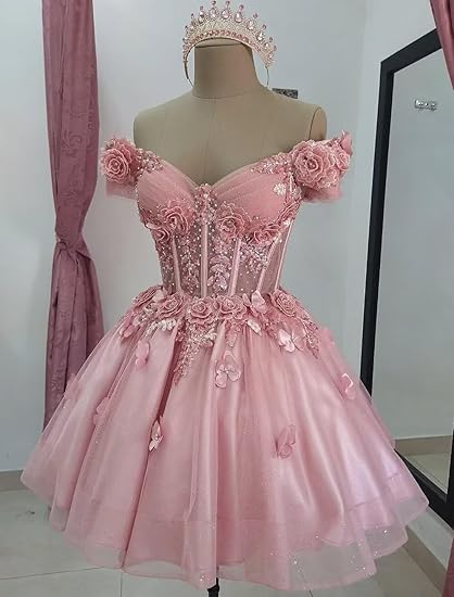 Vestido de fiesta modesto con hombros descubiertos, tul rosa ruborizado, vestidos formales de bienvenida, baile de graduación de octavo grado, vestidos cortos Hoco DH2596