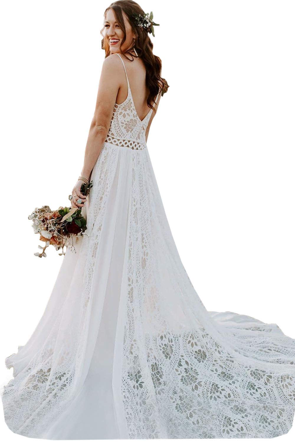 Vestidos de novia elegantes de encaje para playa, largos, con escote en V y espalda descubierta