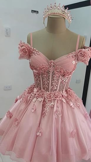 Vestido de fiesta modesto con hombros descubiertos, tul rosa ruborizado, vestidos formales de bienvenida, baile de graduación de octavo grado, vestidos cortos Hoco DH2596