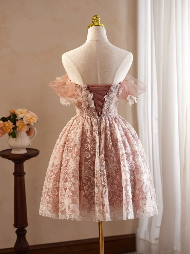 Retro Pink Applique Off-the-shoulder Design A-line Tulle Party Dress Homecoming Dress TP4068