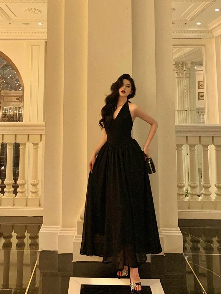 Vestidos de fiesta negros sexys con cuello halter y sin mangas, para fiesta de verano, para cumpleaños número 18, W819
