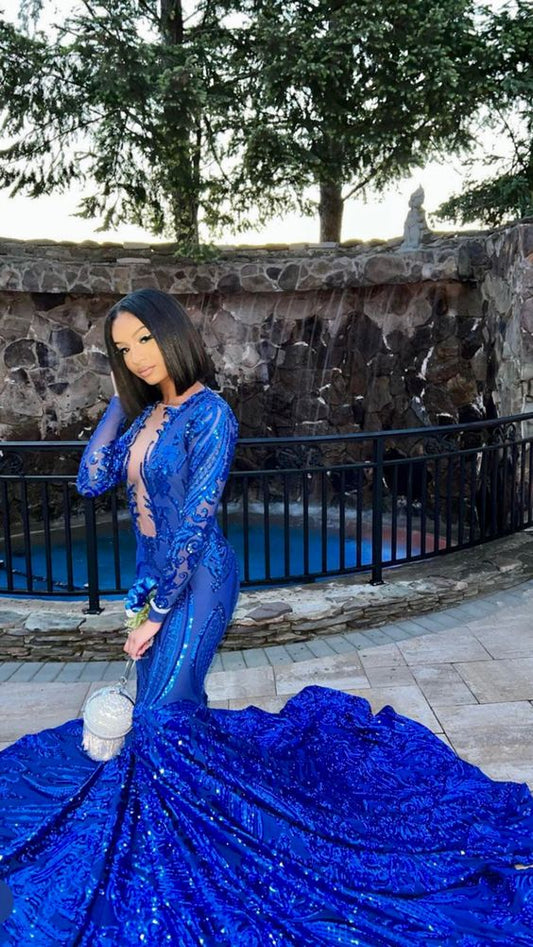 Vestidos de fiesta largos de sirena azul real con mangas, vestido formal con lentejuelas