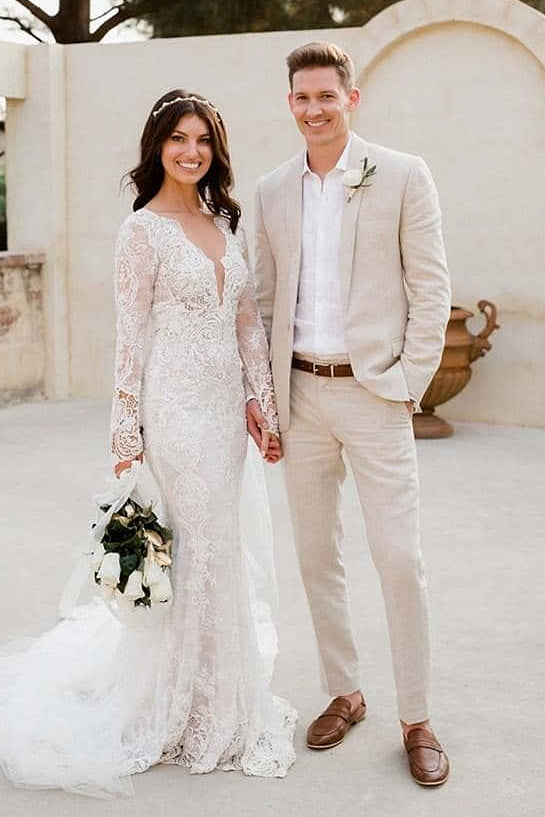 Vestido de novia blanco de manga larga para playa, vestido de novia sirena color marfil