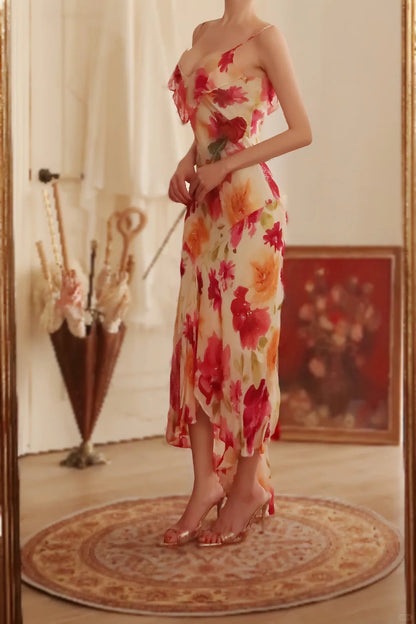 Vestido de noche vintage floral con escote en V, tirantes finos y corte en A, TP3931