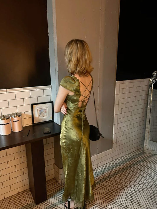 shopuniqlos-Green open back elegant dress, French country style dress, wedding guest dress, prom dress, birthday dress, evening dress, party dress gh5157