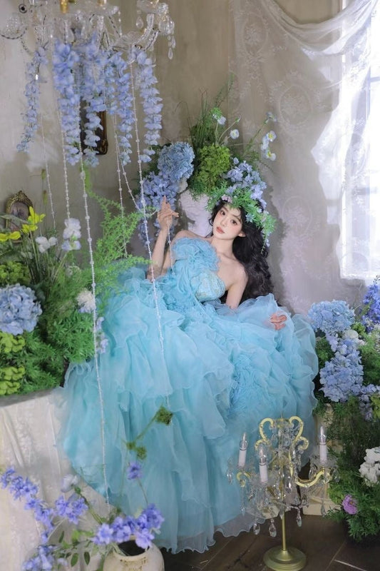Princess Ball Gown Strapless Tiered Flower Blue Tulle Party Dress Birthday Dress SH2863