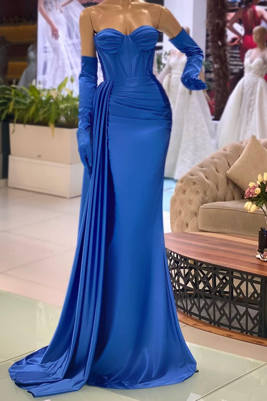Elegante vestido de fiesta de sirena largo azul sencillo con escote corazón y guantes