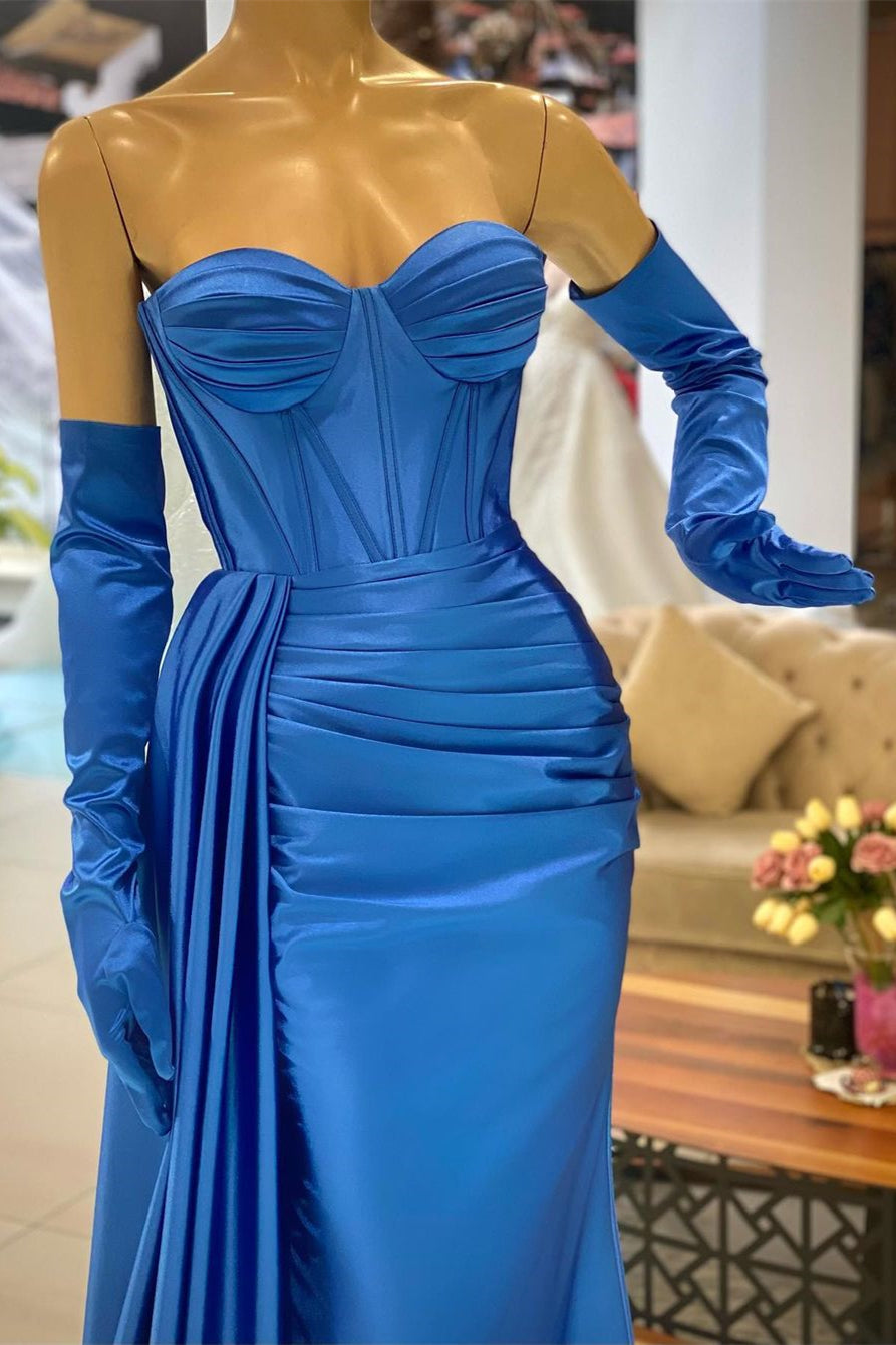 Elegante vestido de fiesta de sirena largo azul sencillo con escote corazón y guantes
