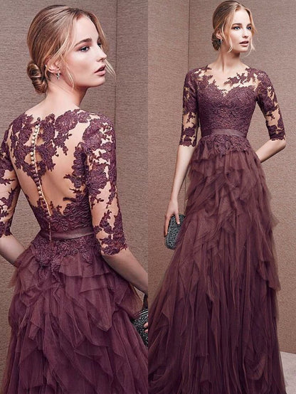 Gray purple elegant long sleeve lace long tulle ball gown evening dress 7648