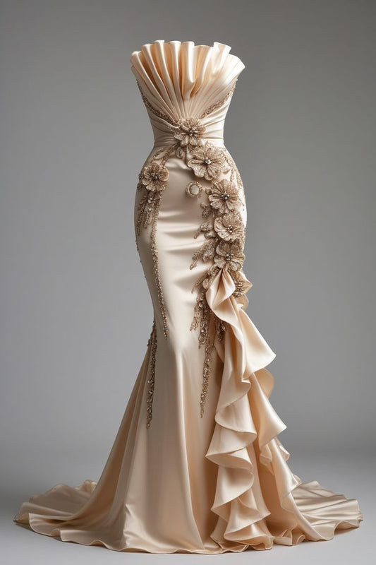 shopuniqlos-Vintage Floral Beaded Long Satin Prom dress Evening Gown Wedding Dress gh5146